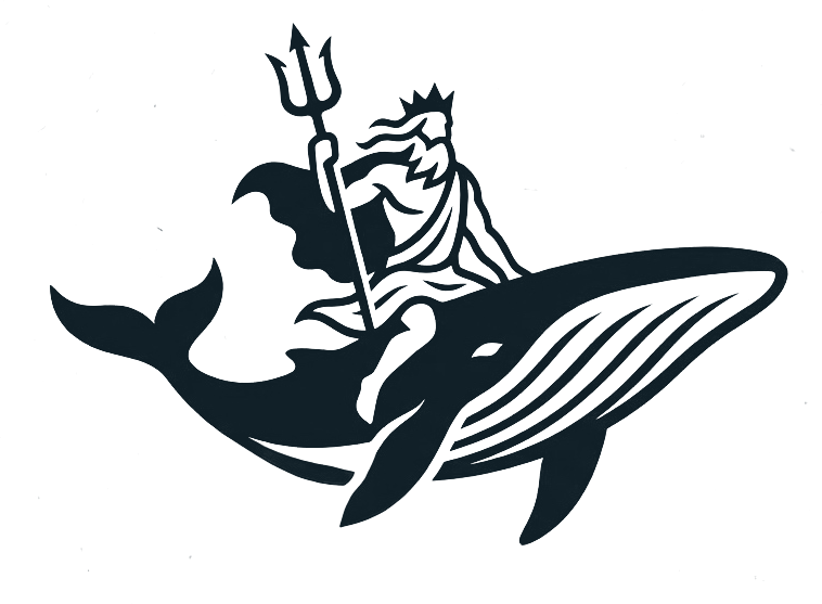 Poseidon, trident raised, riding a breaching whale across the waves